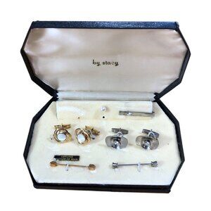 Vintage Stacy Cufflinks Tie Clips Set Mother Of Pearl Rhinestone Details Mens